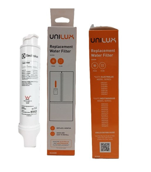 A pack and a single water filter cartridge from UNILUX, showing the front and back of the packaging with brand and product information.