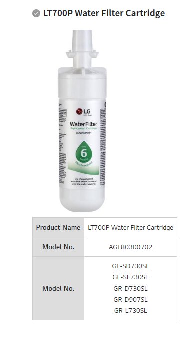 LG LT700P Refrigerator Water Filter