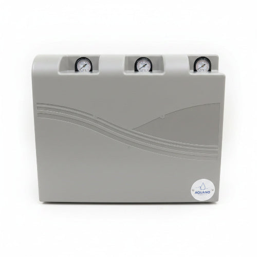 Gray water filter with three pressure gauges on a white background
