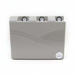 Gray water filter with three pressure gauges on a white background