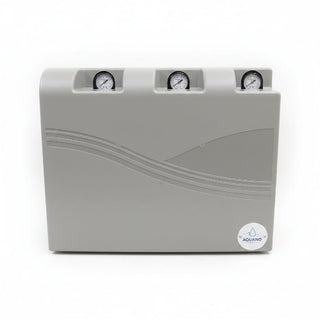 Gray water filter with three pressure gauges on a white background