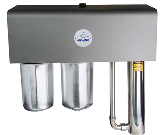 Stainless steel water filter with Aquano branding on a white background