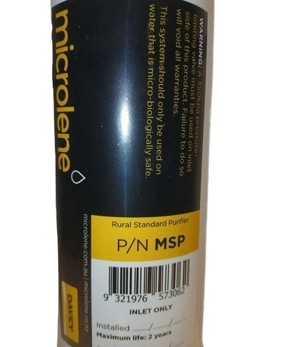 Microlene water purification system canister with label and branding