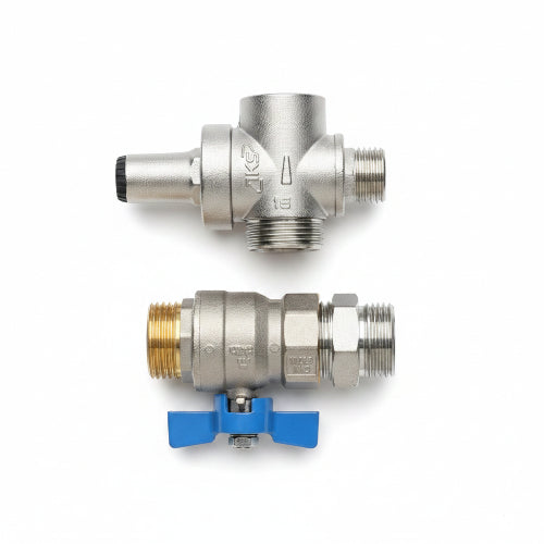 Two metal valves with one having a blue handle on a textured dark background