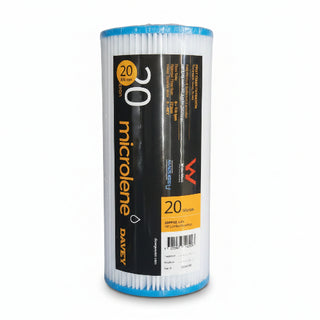Water filter cartridge with '20 microlenne' branding on a white background