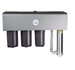 Water filtration system with three cylindrical filters and a metallic spout on a black background.