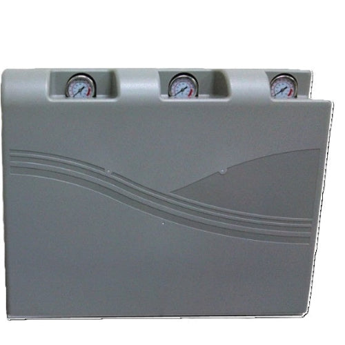 Gray rectangular device with three pressure gauges on a white background
