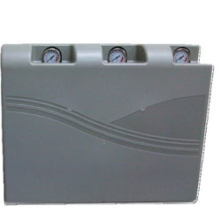 Gray rectangular device with three pressure gauges on a white background