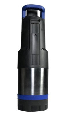 Black and blue cylindrical bromic submersible pump device on a white background