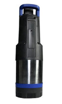 Black and blue cylindrical bromic submersible pump device on a white background