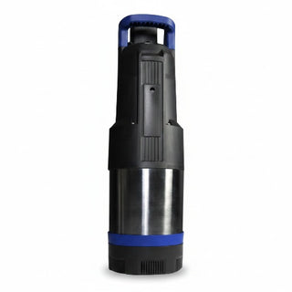 Black and blue cylindrical device on a white background