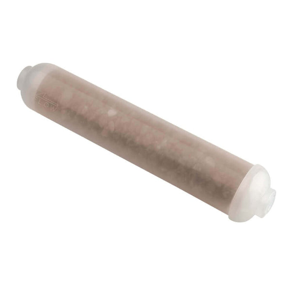 A cylindrical replacement filter cartridge with a translucent beige body containing filter media, capped with white plastic ends, shown on a plain white background.