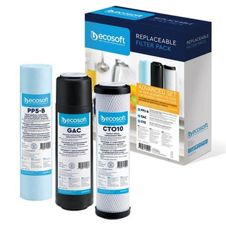 Ecosoft water filter cartridges and packaging on a white background