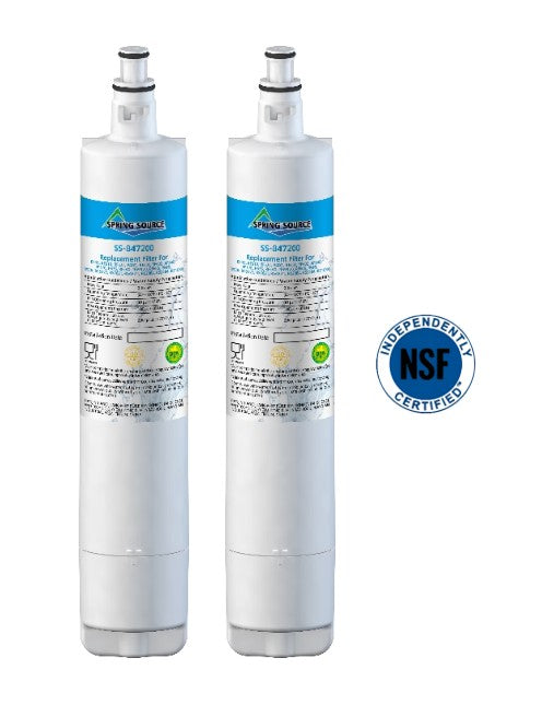 Two water filters with labels and NSF certification logo on a white background