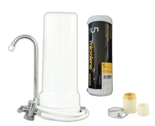 benchtop water filter with microlene fluoride and clorine filter and rubber adapter to fit to tap