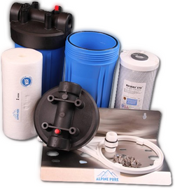 Collection of water filtration components with 'Alpine Pure' branding on a white background
