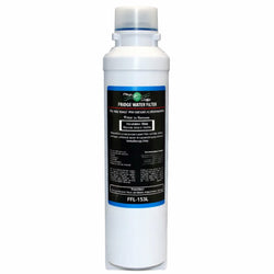 White fridge water filter with a black label on a white background