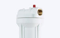 White water filter housing with brass fitting on a white background