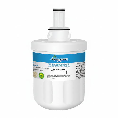 White water filter cartridge with a label on a white background