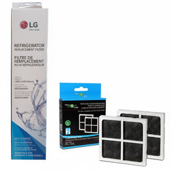 LG refrigerator replacement filter kit showing the tall white and blue retail box, a smaller blue-and-black filter package, and two rectangular replacement filters with black mesh surfaces and white borders on a white background.