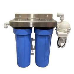 Water filtration system with blue cylindrical filters and metallic top section on a white background