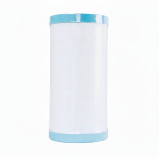 Cylindrical container with blue top and bottom on a white background