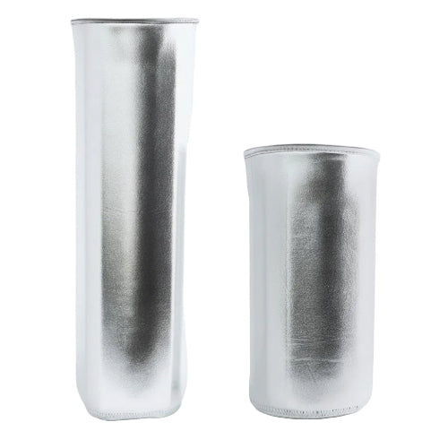 Two metallic silver tumblers on a white background