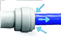 Gray pipe fitting with blue pipe, showing a connection.