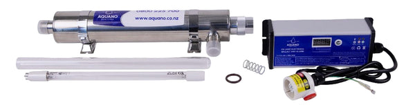 Aquario water treatment system with various components on a white background