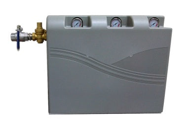 Gray water heater control panel with three gauges on a white background