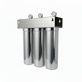 Metal filter housing with cylindrical components on a dark background