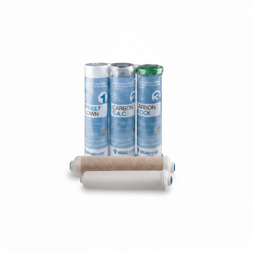 Three cylindrical filters with labels and a coiled filter on a white background