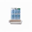 Three cylindrical filters with labels and a coiled filter on a white background
