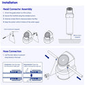 Installation and connection guide for a cylindrical water filter with head connector assembly and hose connection diagrams on a white background.