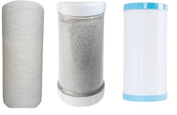 Three cylindrical filter cartridges with different colored tops on a white background