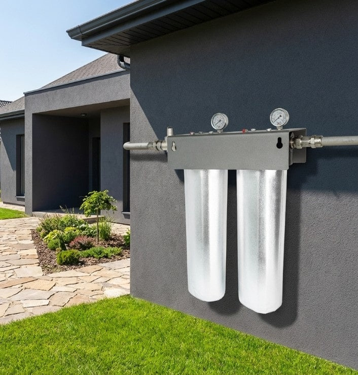 Water filtration system mounted on the side of a house with a clear sky background
