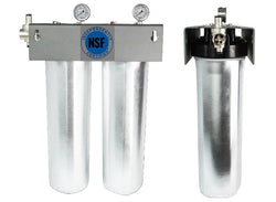 Metal filtration system with gauges and NSF logo on a white background
