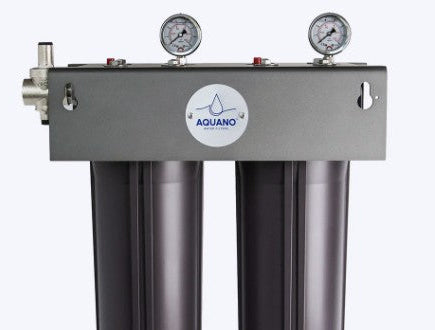 Aquano water filter system with two cylindrical filters on a white background