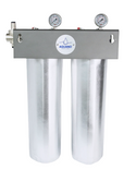 Aquano water filter system with two cylindrical filters on a white background