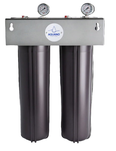 Aquano water filter system with two cylindrical filters and pressure gauges on a white background