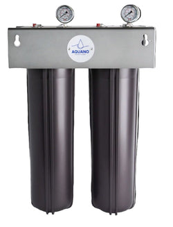 Aquano water filter system with two cylindrical filters and pressure gauges on a white background