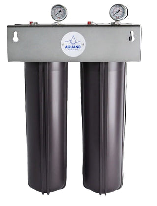 Aquano water filter system with two cylindrical filters and pressure gauges on a white background