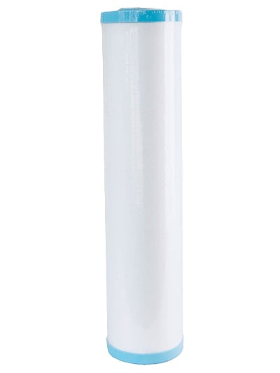 Cylindrical water filter cartridge with blue top and bottom on a white background