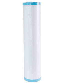 Cylindrical water filter cartridge with blue top and bottom on a white background