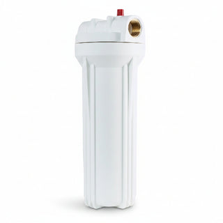 White water filter housing with brass fitting on a white background