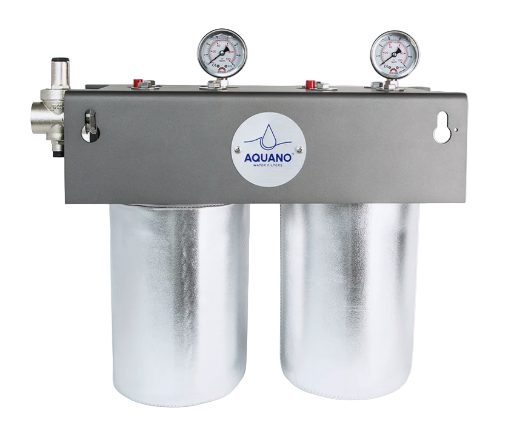 Metallic water filter with 'Aquano' branding on a white background