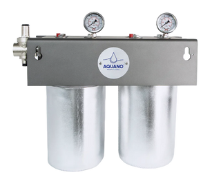 Metallic water filter with 'Aquano' branding on a white background