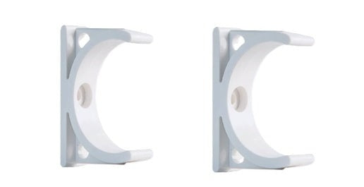 Two white metal bracket components on a white background