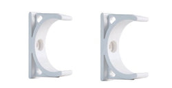 Two white metal bracket components on a white background
