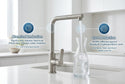 Kitchen tap filling a glass carafe, with graphics highlighting chemical and cyst reduction.